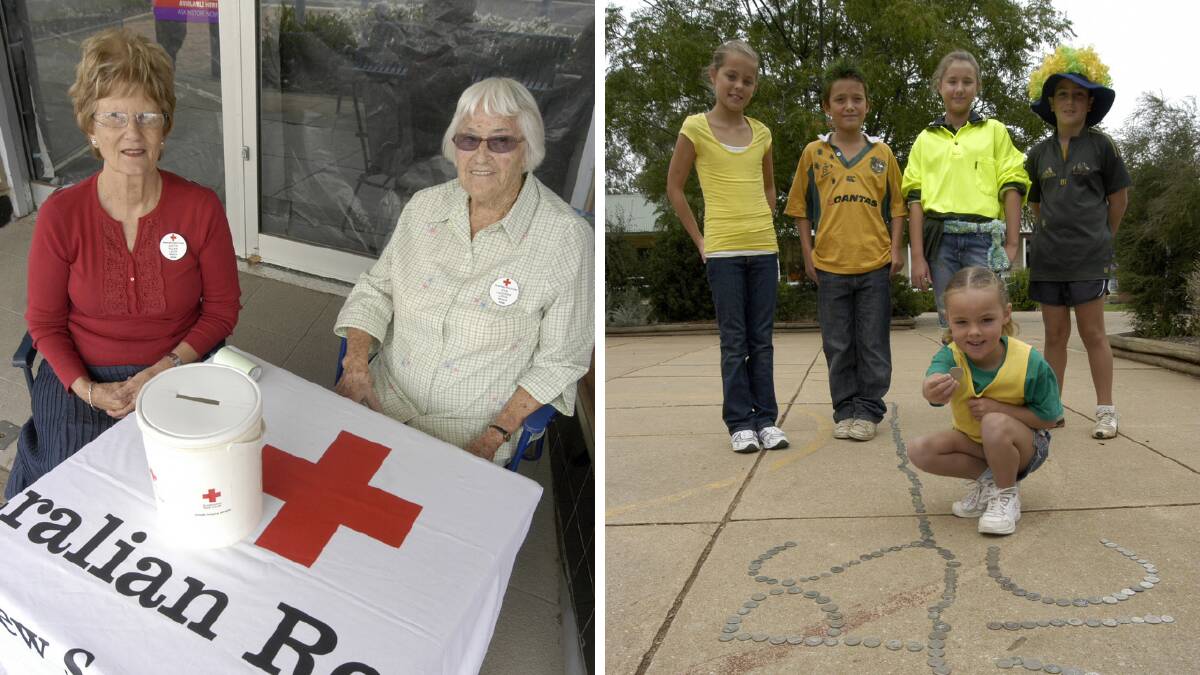 2009: (left) The ladies from the Leeton branch of Red Cross,
including Judith Nolan and Rita Harrison, spent Friday in Pine
Avenue collecting donations for the Victorian bushfire appeal. (right) Students from Leeton Public School, including (back) Lilian Carlson (year 6),
Matt Owen (year 5), Bree Chambers (year 6), Thomas McMullen (year 6) and (front) Brooke Eglinton (kinder) helped raise more than $2500 for the bushfire appeal.