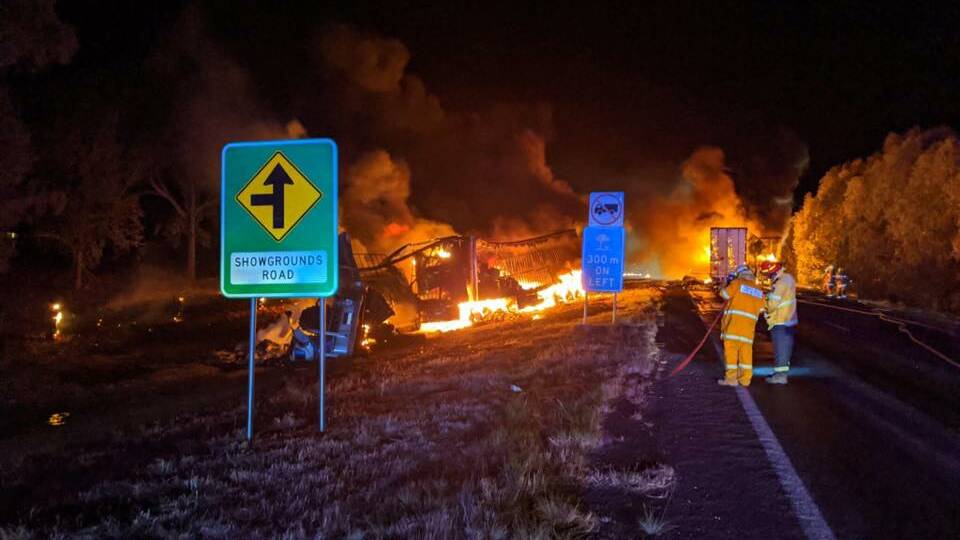 INFERNO: Two trucks caught fire after colliding on the Newell Highway. Picture: Murray River Police District