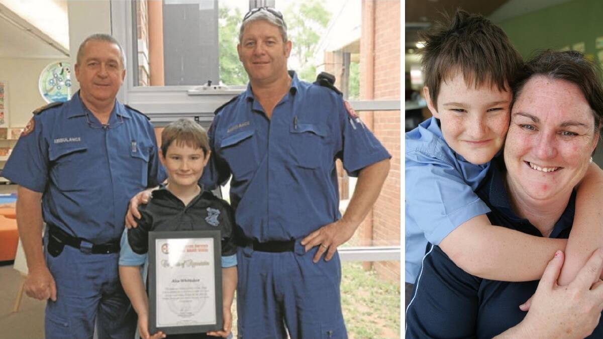 2013: St Joseph's Primary School student Alex Whittaker was presented with a bravery award by paramedics Chris Bailey (left) and Liam Ward.
