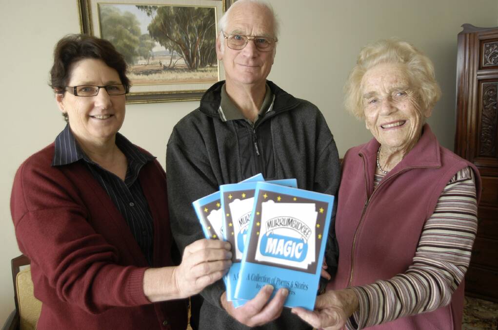 2009: The Leeton Writers Group will launch its new publication, Murrumbidgee Magic, next Wednesday. Preparing for the launch was (from left) library services manager Lyn Middleton and writers group members Eric Whiting and Marjory McCormack.