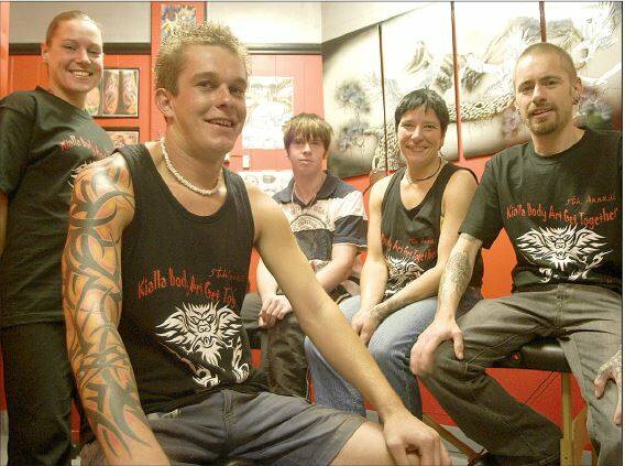 2009: Leeton residents (front) Todd Aiken and (from left) Sarah Krywulycz, Joshua Seymour, Jen Gilroy and tattooist James Russell all competed at the Kialla Body Art Get Together in Shepparton.