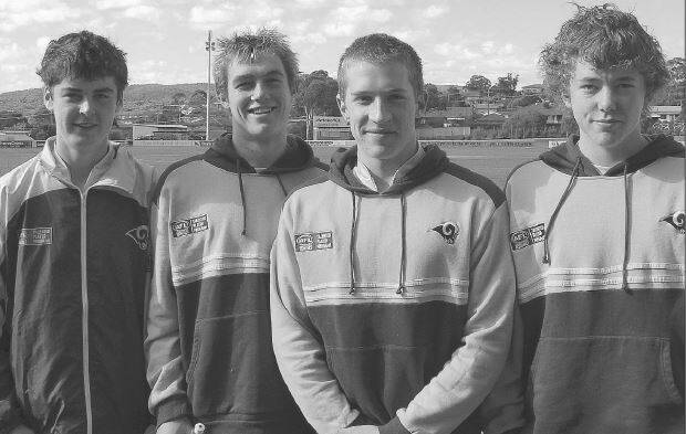 2009: Four talented junior Australian football players starred in the NSW-ACT Rams 103-point drubbing of the Northern Territory at Queanbeyan last weekend. Kicking a bagful of goals was Adam Flagg (left) from Barellan and also prominent were (from left) Liam Frazer, Justin Gordon and Jacob Townsend. Both Liam and Jacob play first grade for the Crows, while Justin is a former Leeton-Whitton junior. The game was a warm-up as selectors settle on a team before the national championships.