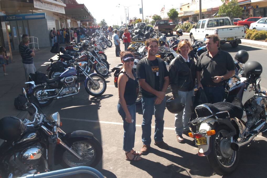 2009: Hogs ‘n’ Rods Cystic Fibrosis poker run saw (from left) Carmel and Ross Vitelli, Pam Guest and Martin Bullock get on their bikes and join in the fun for the event which began in Leeton on Saturday.