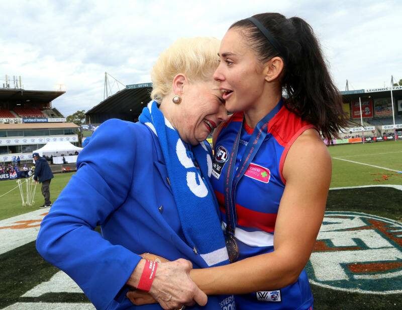 Former Bulldogs Vice President Susan Alberti celebrates with Nicole Callinan of the Bulldogs after the AFLW grand final in 2018. Photo: AAP Image, Hamish Blair