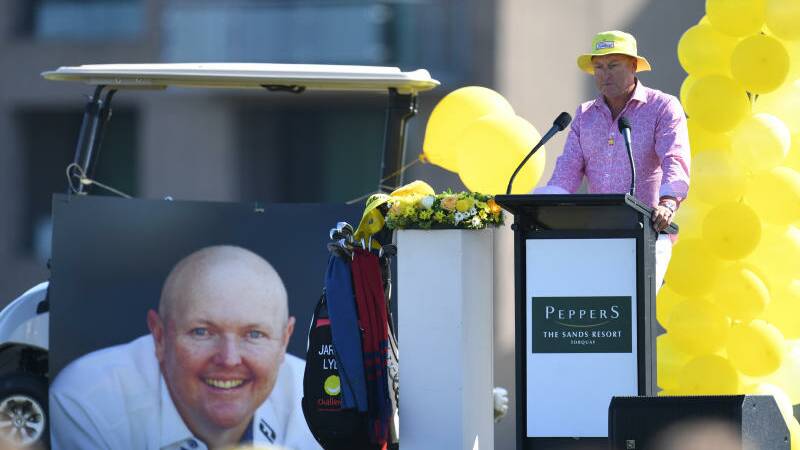 Australian golfer Robert Allenby at the public memorial service to reflect upon and celebrate the life of Australian golfer Jarrod Lyle. Photo: AAP