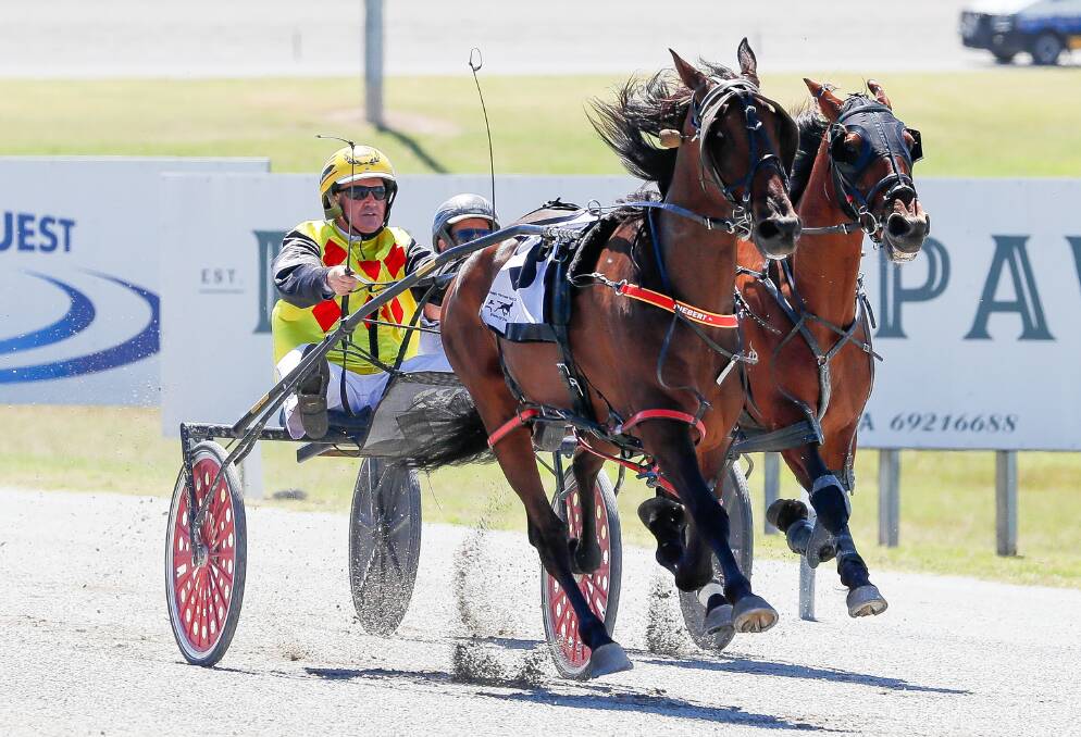 Mal Diebert guides Raging On to victory at Riverina Paceway on Friday for his father Norm. Picture by Les Smith