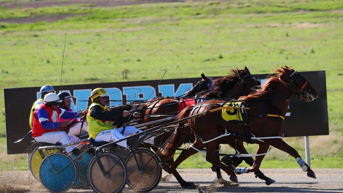 Mal Diebert drives Reddel to the line at Riverina Paceway on Sunday as Ray White and Menames Needy come up along his inside..
