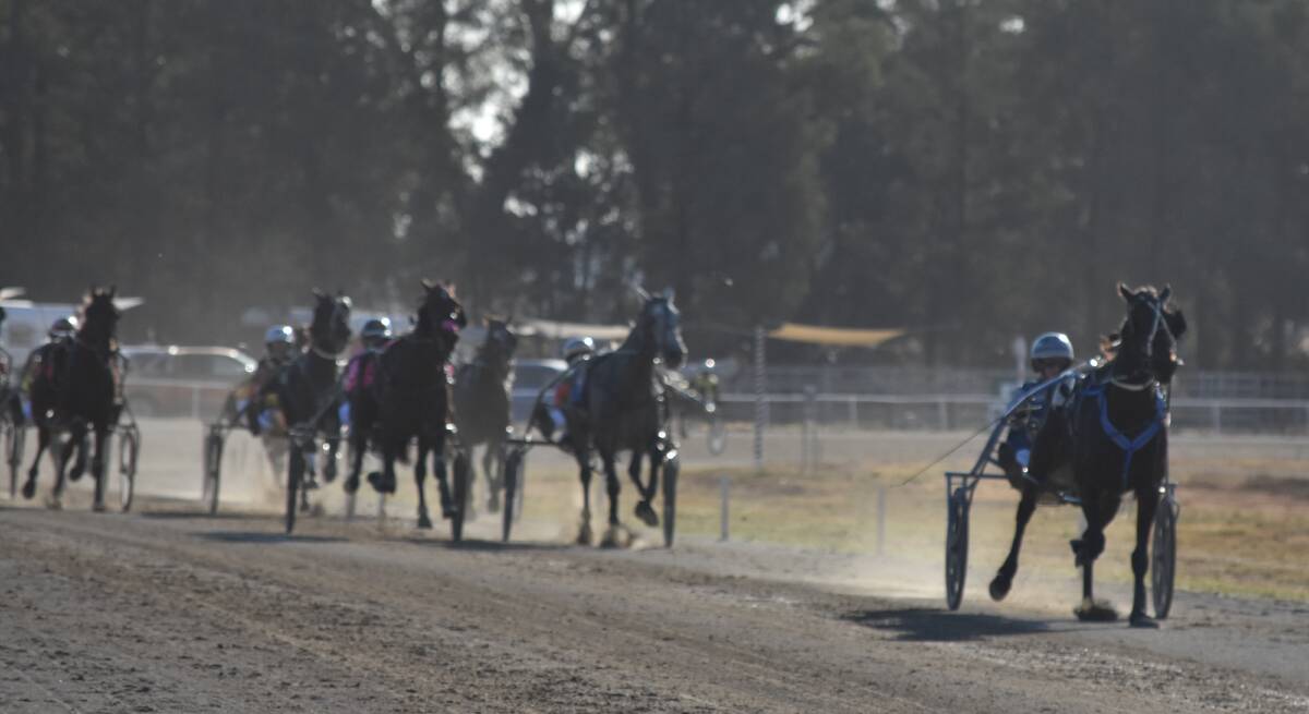 ROARING AWAY: Jive Dancing extends away from her rivals to win the Coolamon Pacers Cup.