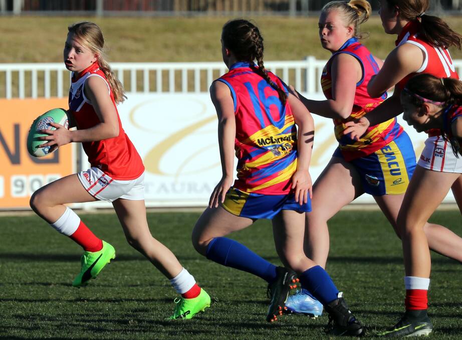 Footballers in action in the inaugural AFL Southern NSW youth girls competition in 2017. 