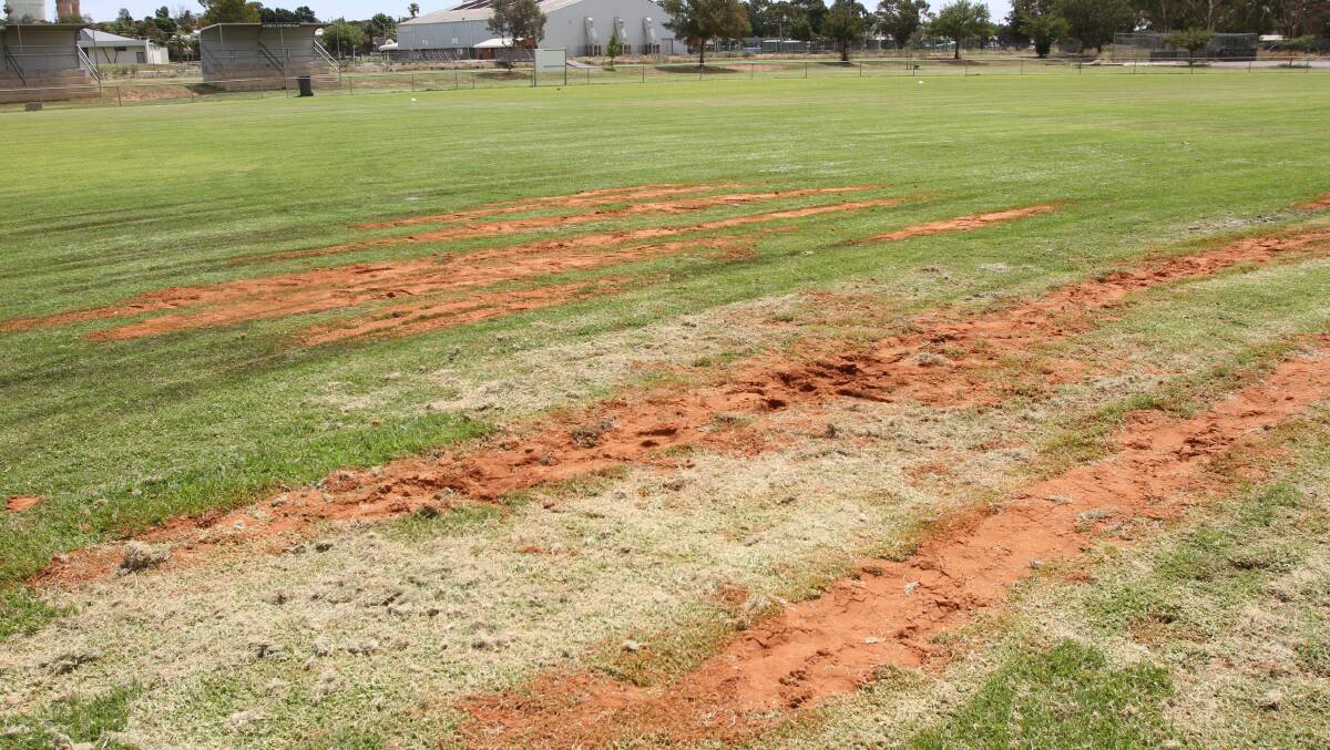 WHAT A MESS: The outfield at Mark Taylor Oval was left with sand filled divots after a mower got bogged in the outfield on Thursday. PHOTO: Talia Pattison