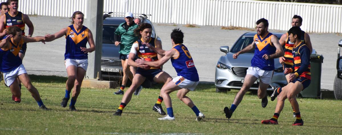 BREAKTHROUGH: Leeton-Whitton's Bailey Wood looks to get away from the Narrandera defence during his side's win on Saturday. PHOTO: Liam Warren