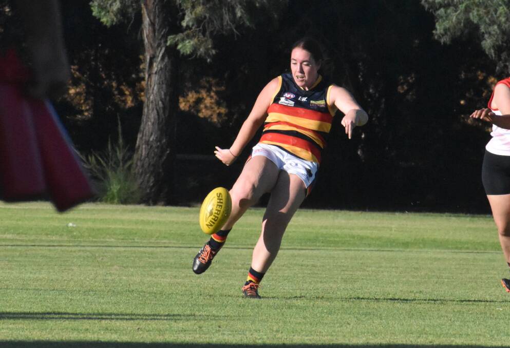 Leeton-Whitton's Ellish Morton gets a kick downfield during the Crows debut game in the Southern NSW Women's League against Griffith. Picture by Liam Warren