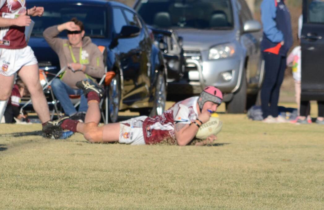 CRUCIAL POINTS: Yanco Wamoon's Beau Routley crossed midway through the second half to get the Hawks to within two points of Leeton. PHOTO: Liam Warren