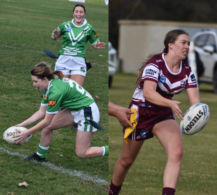 MIXED WEEKEND: Paris Crelley (left) gets over for the Greens while Yanco-Wamoon's Madison Coelli looks to get a pass away before being tagged. PHOTOS: Liam Warren