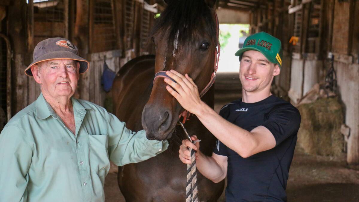 Peter Clancy with apprentice Caine Stuart and gelding The Clan at Sona Lodge. Picture by Kim Woods 