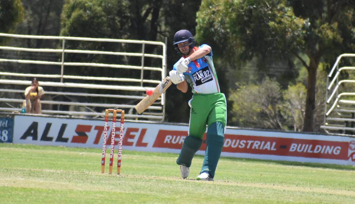 LOADING UP: Dean Bennett looks to hit one over the infield on his way to 41 in the Murrumbidgee Rangers clash with the Border Bullets. PHOTO: Liam Warren