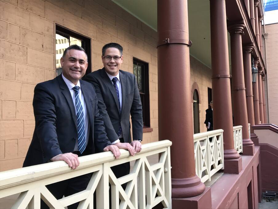 Behind him: NSW Nationals leader John Barilaro with his Riverina parliamentary party colleague Wes Fang in Macquarie Street, Sydney.