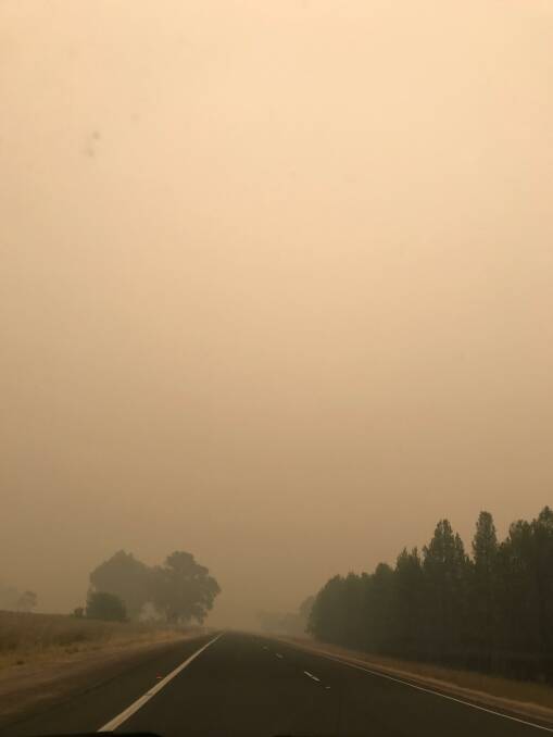 Main Road 80 from Narrandera to Leeton on Sunday afternoon had only limited visibility. Photo: Talia Pattison