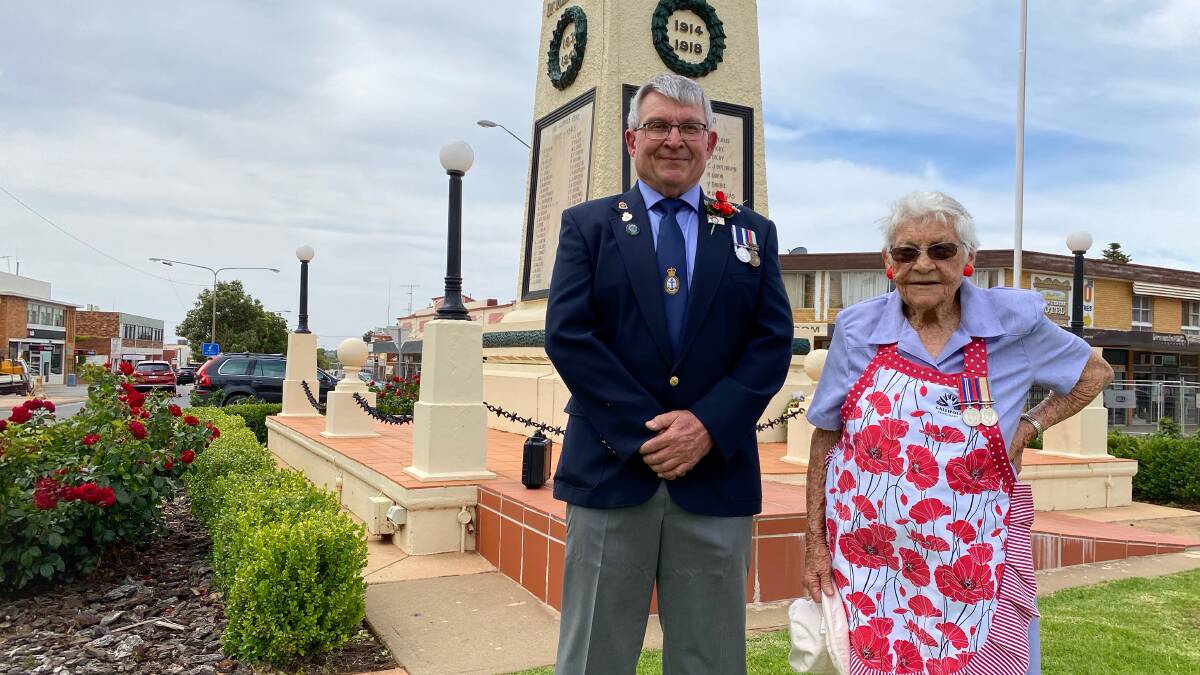 PAUSE: Ron Hirst (left) and Heather Whittaker at last year's Remembrance Day commemoration in Leeton. Photo: Talia Pattison