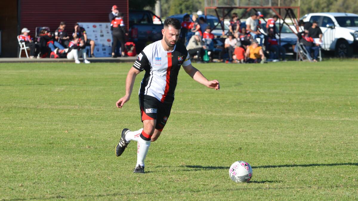 NEXT CHALLENGE: Leeton United co-captain Joey Fondacaro during his side's round one victory over Tolland. Photo: Declan Rurenga
