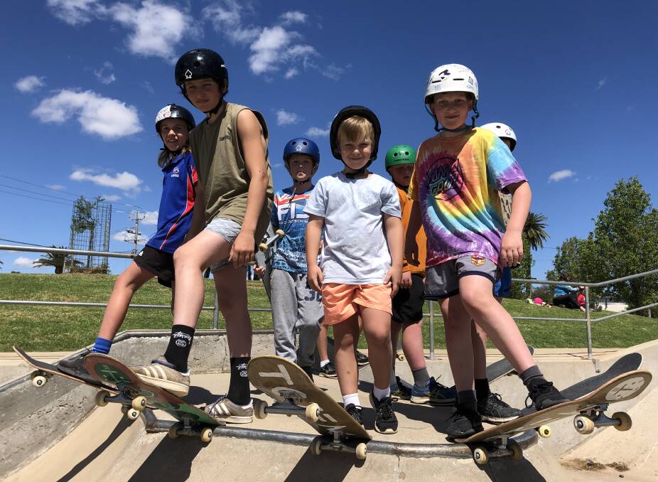 SKILLS ACQUIRED: Taking part in the Totem Skate School workshop on the day was (front) Jude Clayton, Aron Stewart, Jarvis Clayton, Brody Wallace, (back) Jye Thompson and Liam Collins. Photo: Talia Pattison