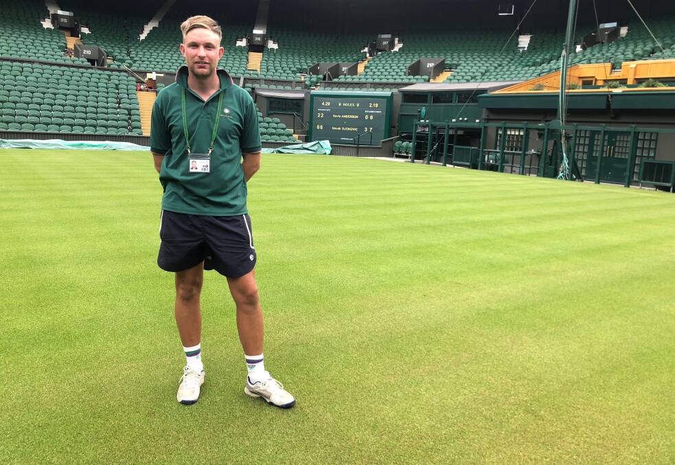 ON COURT: Leeton's Todd Darrington, standing on centre court at Wimbledon, is living his career dream in England. Photo: Talia Pattison 