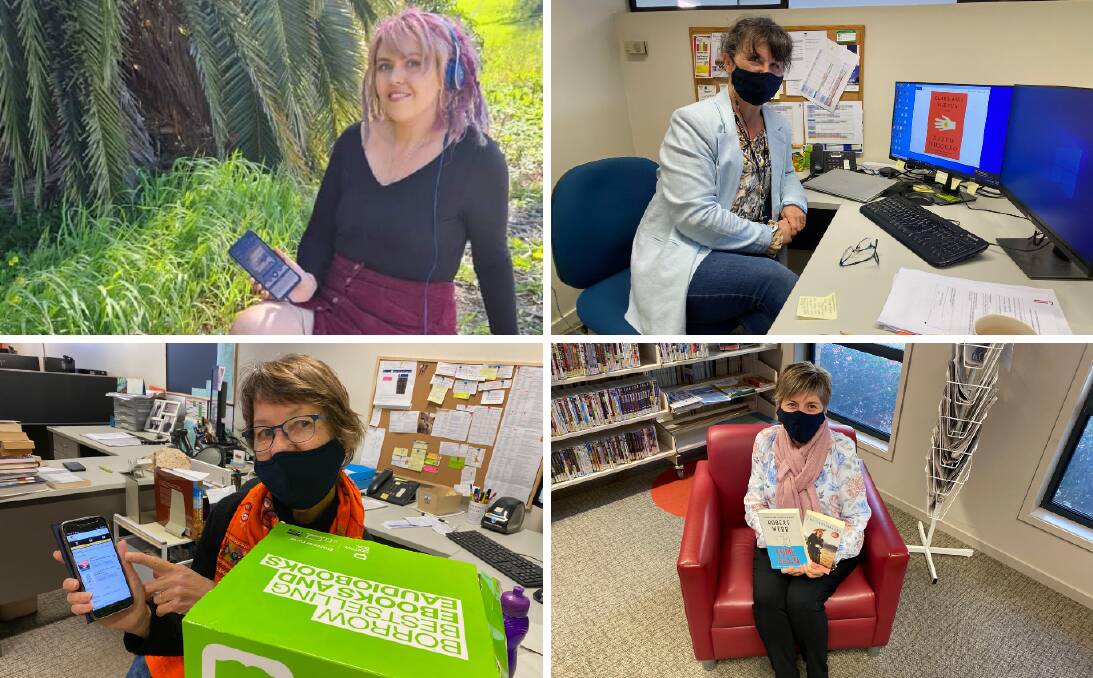 JOY OF WORDS: Leeton library staff (clockwise from left) Zoey Lucas, Fiona Stevens, Susie Rowe and Rachel Cody with the books they are reading or listening to on Borrow Box. Photos: Talia Pattison, Supplied
