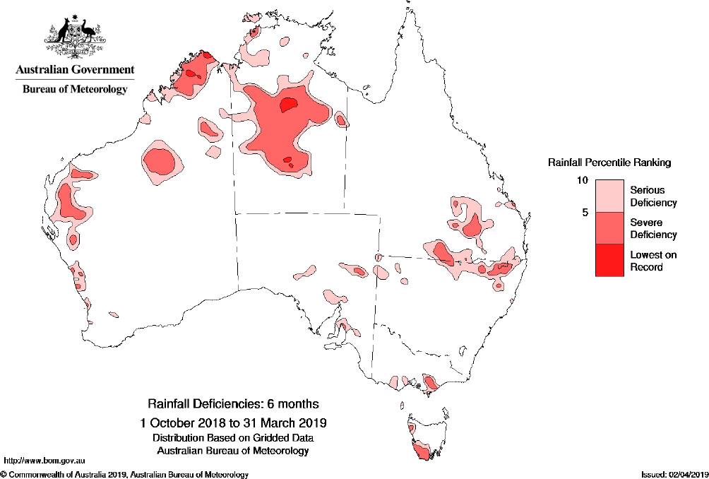 Rainfall deficincies across the country from October to March. Photo: Bureau of Meterology 