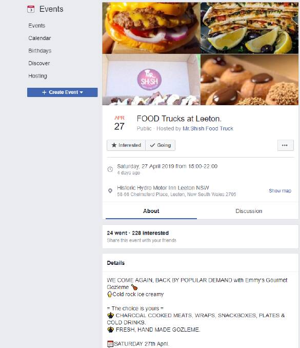 The most recent food truck event in Leeton was advertised on Facebook. 