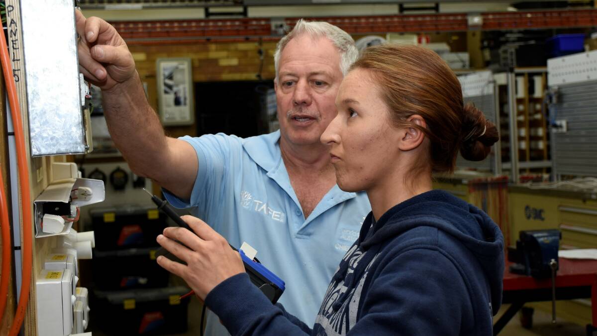JOB TO DO: Eletrotechnology teacher Rod Chant (left) with student Emily Ashe at the Leeton TAFE campus. 