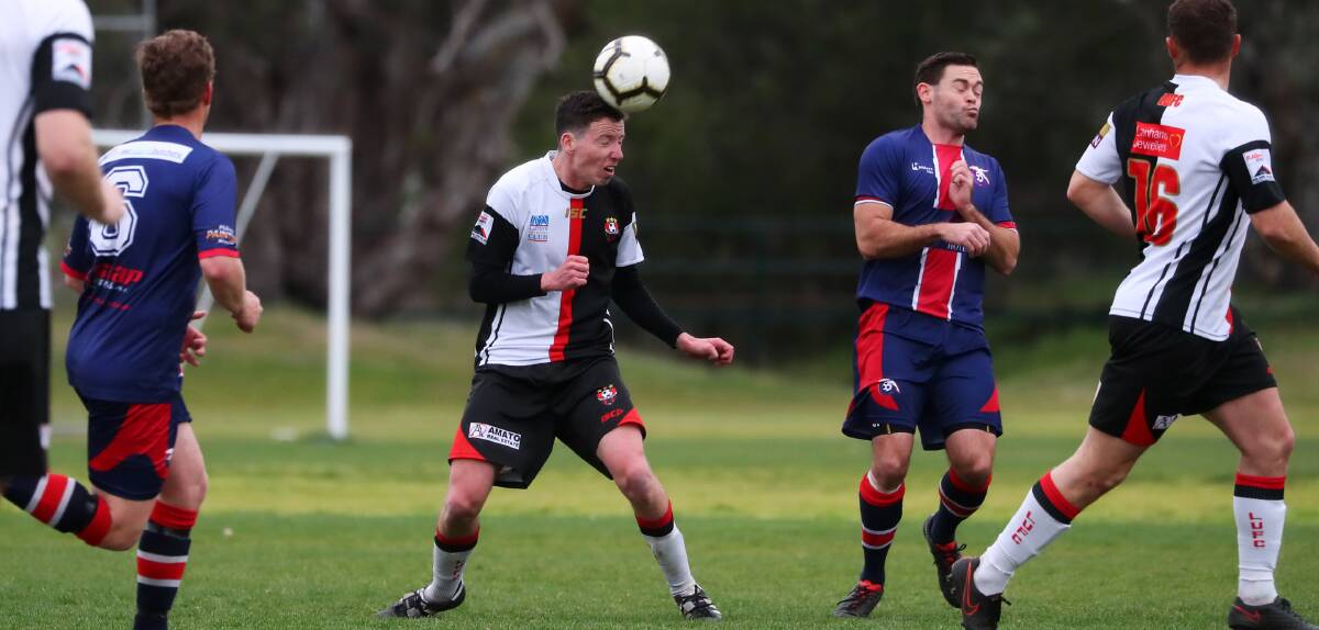 HEADER: Leeton United's Lewis Saunders in action on Sunday afternoon against Henwood Park. 