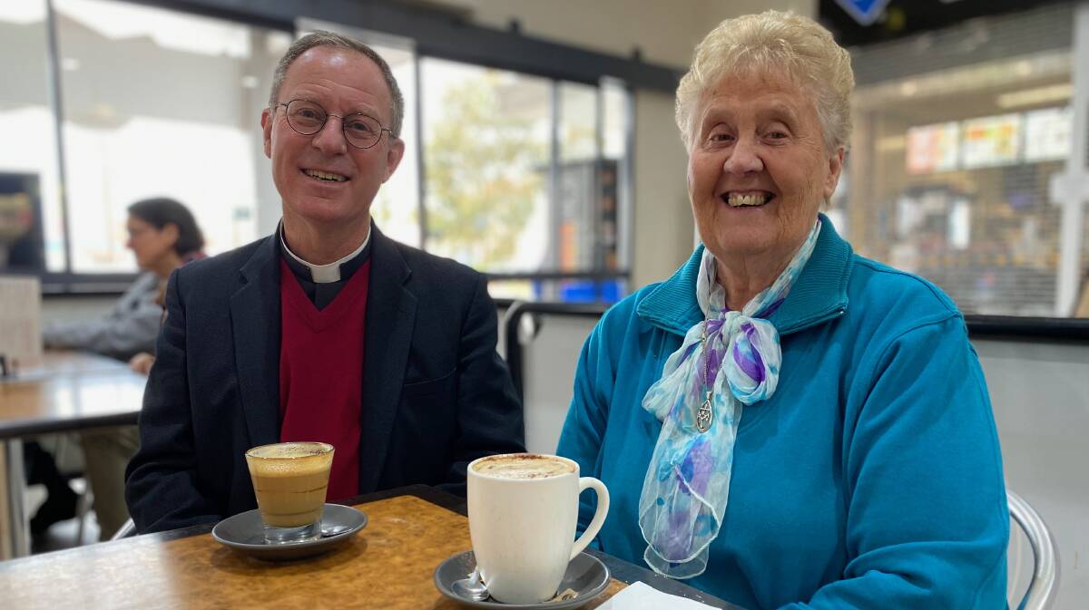 BYE FOR NOW: Father Robert Murphy and Sister Janey Glass enjoy a farewell coffee together in Leeton recently. Photo: Talia Pattison 