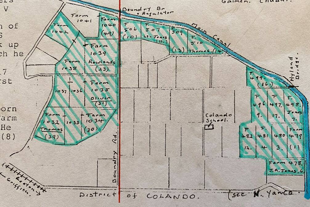 A hand-drawn map showing land allotments and Colando School. Courtesy of Leeton Family and Local Historical Society's newsletter No. 2 June/July 1994.
