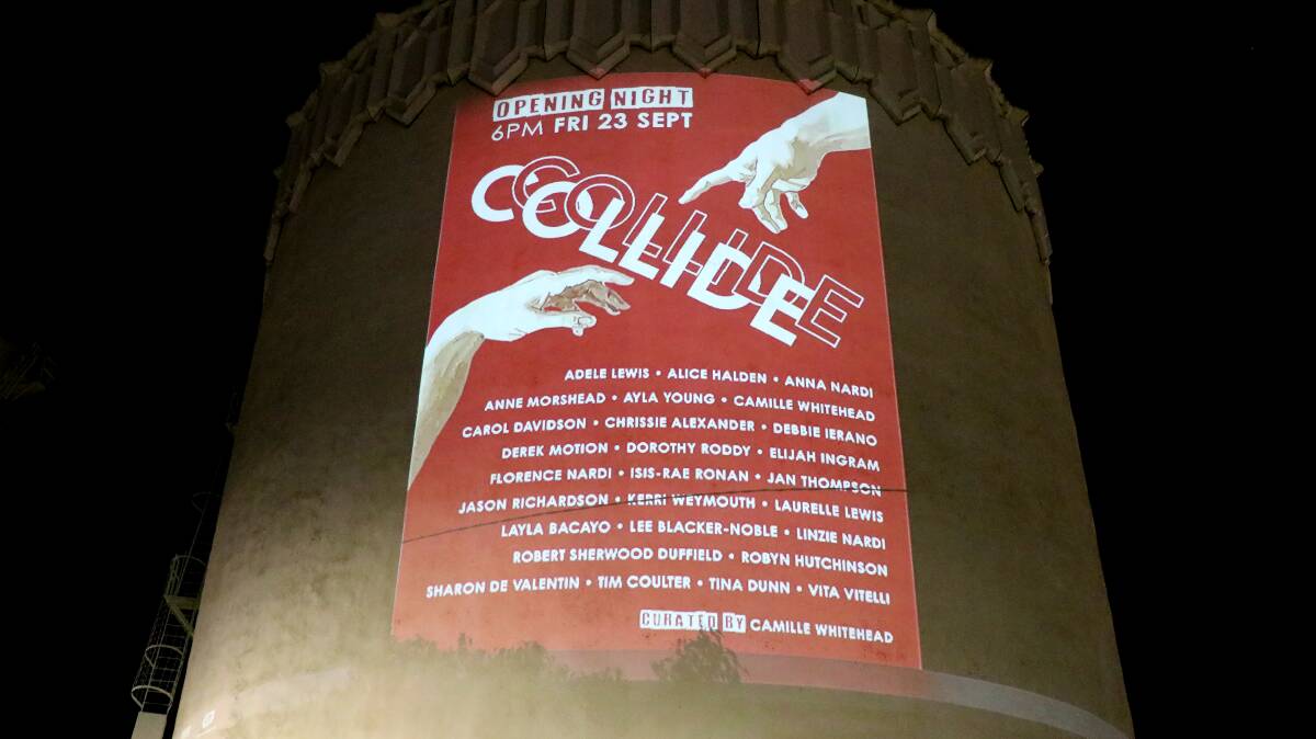The projection on the water tower on opening night of the exhibition. Picture supplied