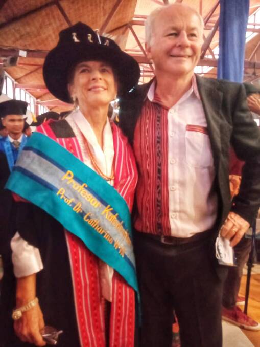 TITLE: Former Leeton resident Catharina Williams-van Klinken (left) with her husband Rob Williams after being made a professor in East Timor recently. Photo: Contributed