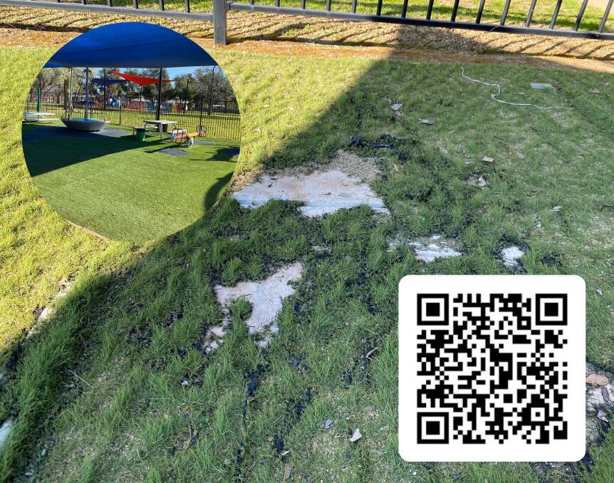 DANGER: The artificial turf in some areas is causing hazards. Residents can use this QR code to buy their raffle tickets for the fundraiser. 