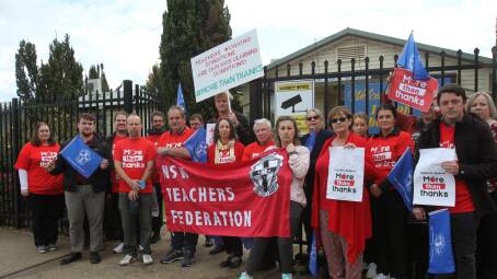 Teachers from Leeton High School and Leeton Public School walked off the job when NSW Minister for Education Sarah Mitchell was in town on Thursday. Photo: Talia Pattison