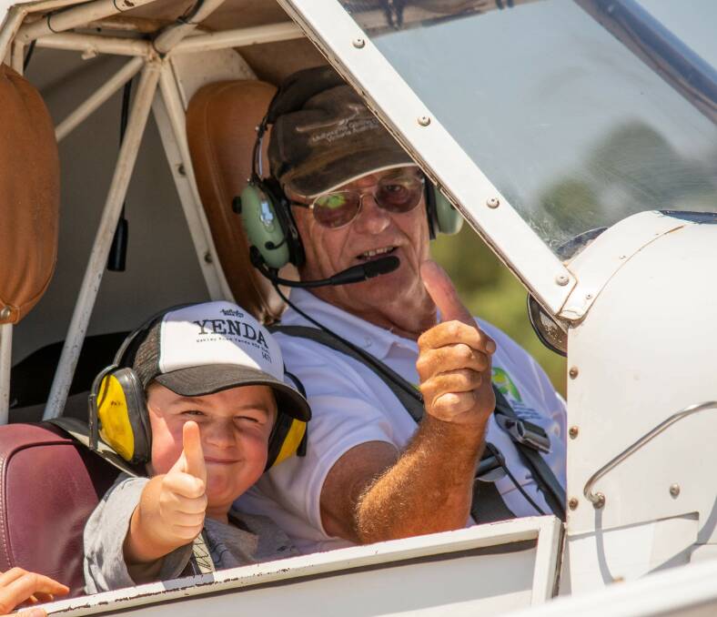 GREAT FUN: Sam (front) and Peter give the thumbs up to the Skyrace GP in Leeton. Photo: Tom Lennon