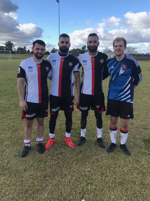 SEASON ON: Leeton United co-captains Joey Fondacaro (left) and Jarrod Sillis (right) with the Gardner brothers ahead of this weekend's first match of the Football Wagga season. Photo: Contributed 