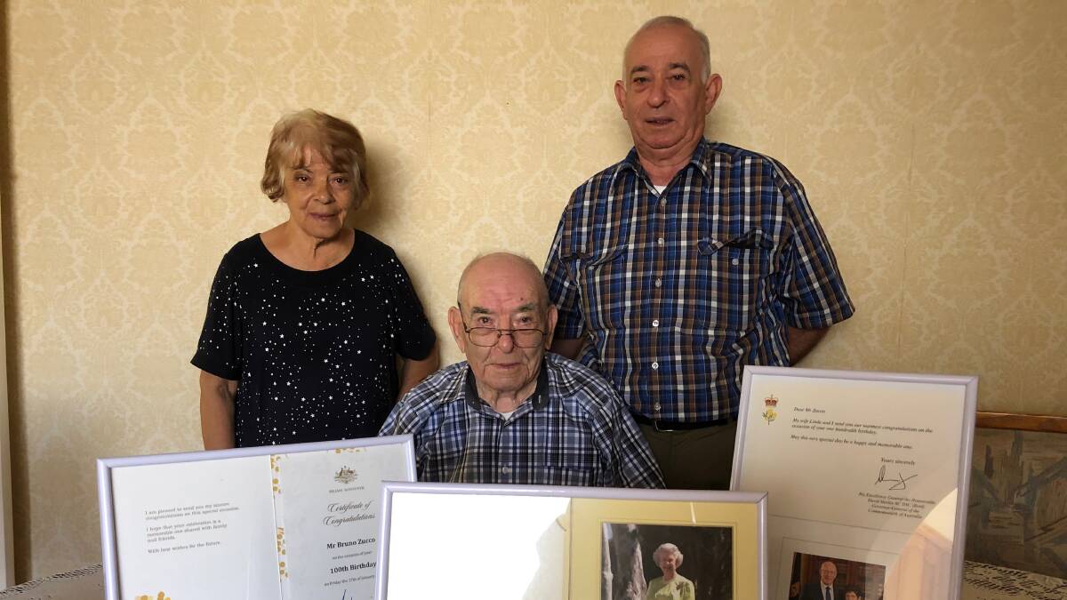 CELEBRATE: Bruno Zucco (middle) is celebrating his 100th birthday with the help of his daughter Angelina (left) and son Joe. Photo: Talia Pattison