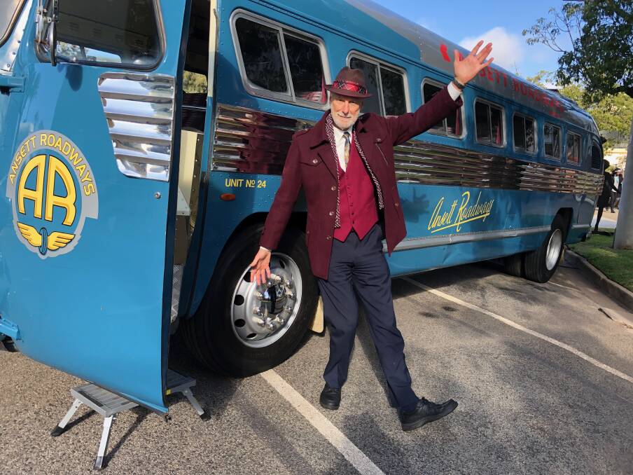 Michael Hey-Cunningham welcomes everyone aboard the Ansett Roadways bus. Photo: Talia Pattison