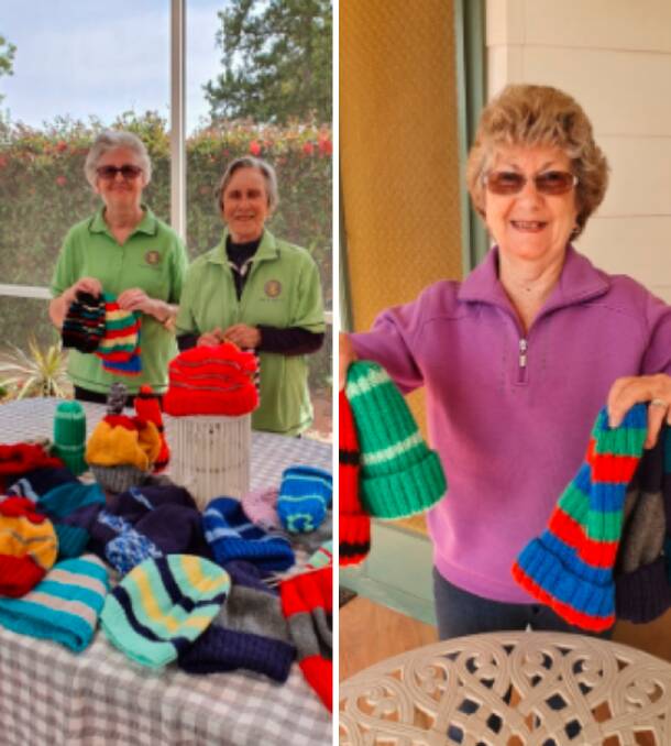 COLOURFUL: Leeton Inner Wheel members Phyllis Guthrie and Moira Buller (left) and Robyn Currie (right) showing off the beanies. 