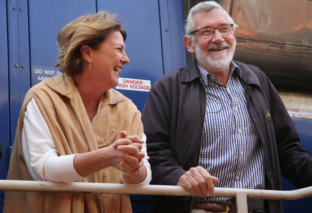 Minister for Roads, Maritime and Freight Melinda Pavey and Leeton Shire Council Mayor Paul Maytom at the Leeton Railway Station in 2017. Photo: Anthony Stipo 