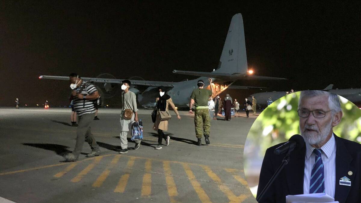 Responding: Evacuees from Kabul arrive at Australia's Middle East air base after being flown from the Afghan capital Kabul last week. Photo: DEFENCE DEPARTMENT, Inset Leeton shire mayor Paul Maytom.