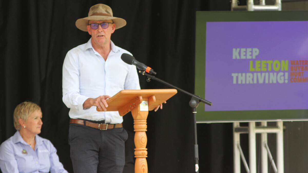 Leeton shire grower Rob Houghton speaks at the rally protesting water buybacks. Prior to the bill passing he held real concerns for the future of the community and now, those concerns could be a very real reality. Picture by Talia Pattison 