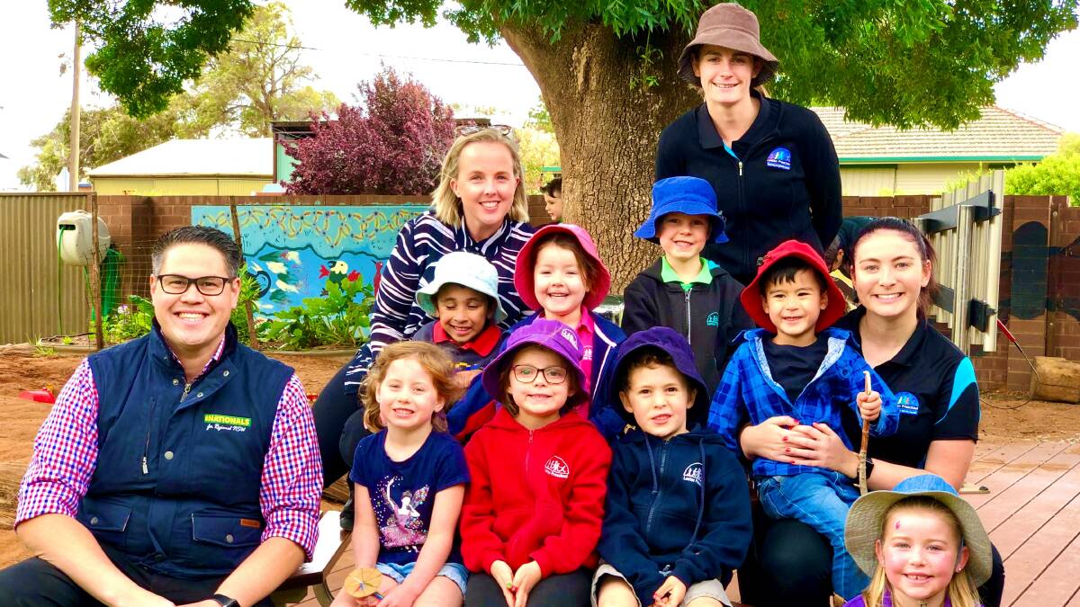 EXCITED: Nationals MLC Wes Fang (left) with Leeton Preschool director Laura Lashbrook, staff members and children following the funding announcement. 