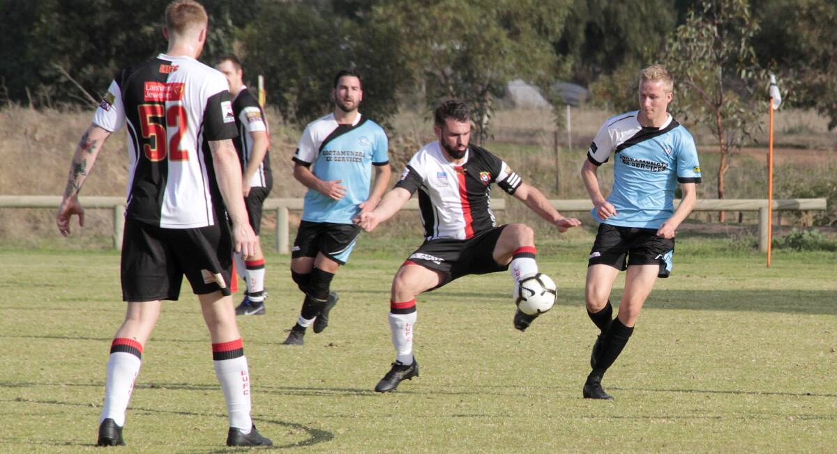 ACTION: Leeton United captain Joey Fondacaro led his side to a 2-1 victory over the Strikers on Sunday. Photo: Kelly Manwaring