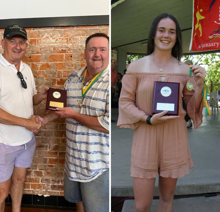 WELL DONE: Sportsperson of the Year awards chairman Tony Reneker (left) congratulates Rod Emerson on being named senior sportsperson of the year, while Tess Staines (right) celebrates taking home the junior honours. 