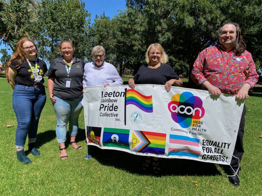 INCLUSIVE: Elyse Snaidero and Mikaela Moore from headspace in Griffith with Denise McGrath, Elizabeth Jansen and Nicholas Wright from the Leeton Rainbow Pride Collective. Photo: Talia Pattison