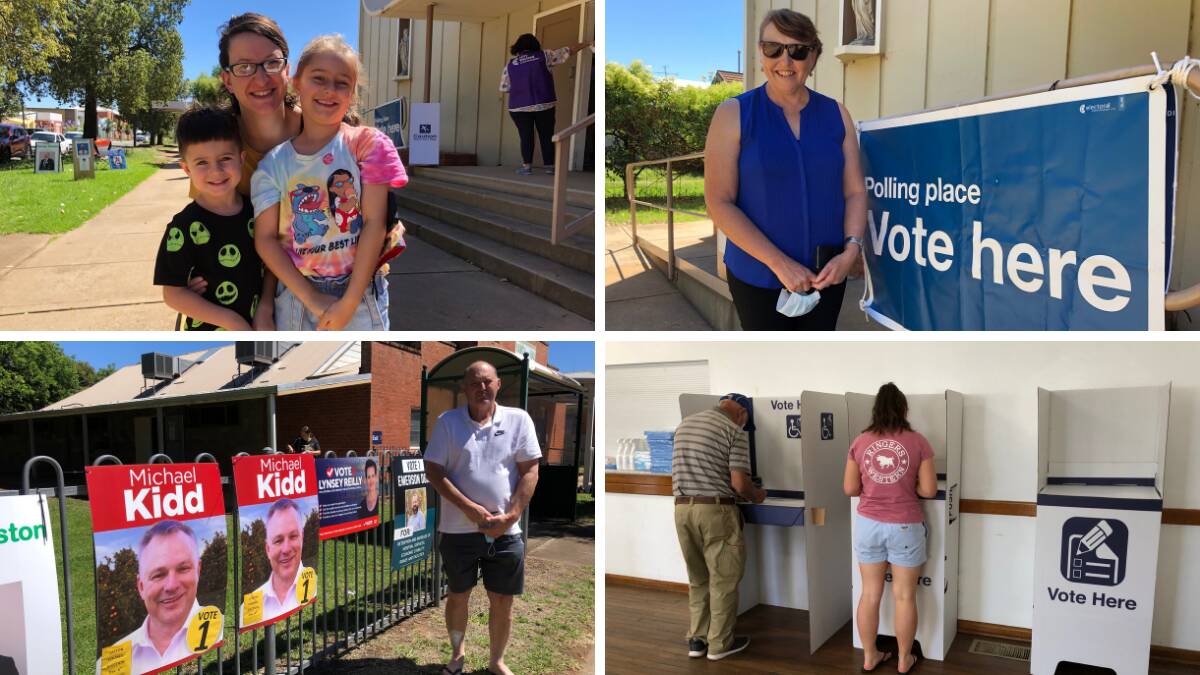 HAVE A SAY: Leeton shire residents, including (clockwise from left) Elisa Kingsbury with children Logan, 4, and Gemma, 6, Megan Martin and Brian Rotherham turned out to cast their vote in Saturday's local government elections. Photos: Talia Pattison